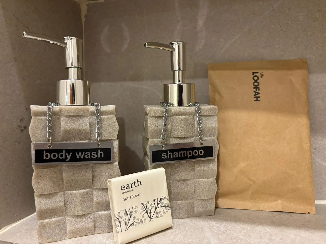 Toiletries on a bathroom shelf