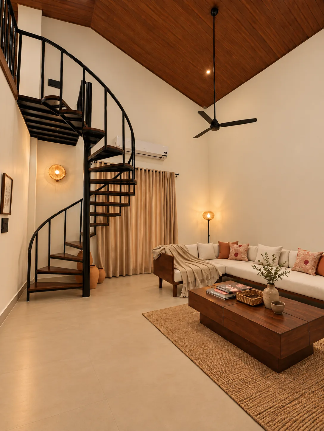 The living room and spiral staircase at Semal